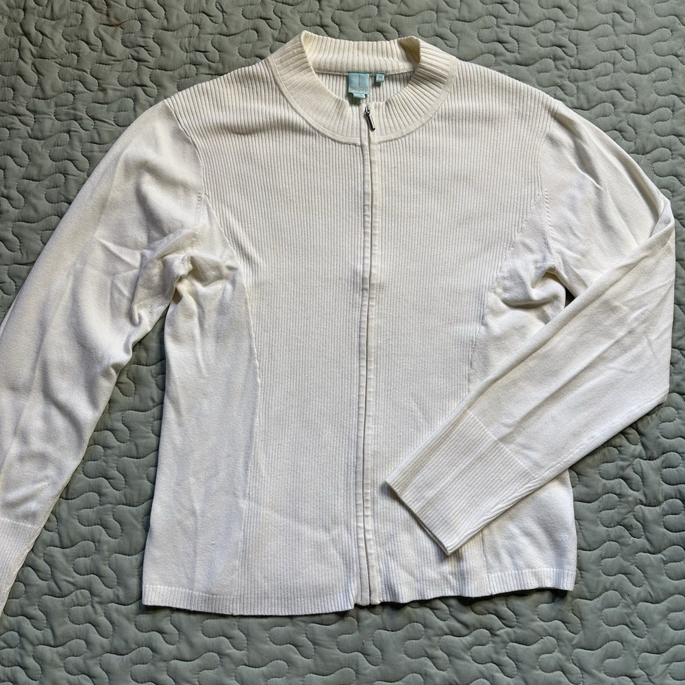 Shu Shu Women's Full Zip Cream Cardigan Sweater Size Medium Soft Beige